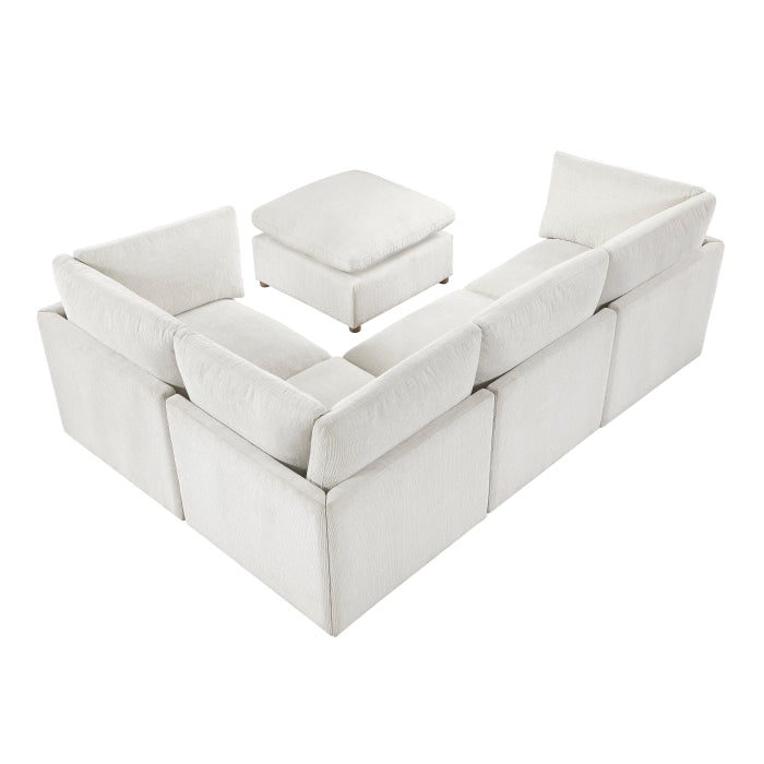 MAZ Haven 5-Piece modular sectional sofa with ottoman, shown in beige fabric, featuring plush cushions and modern design.