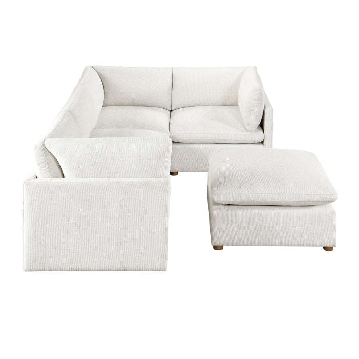 MAZ Haven 5-piece modular sectional sofa with matching ottoman, beige fabric, and contemporary design, shown from side view.