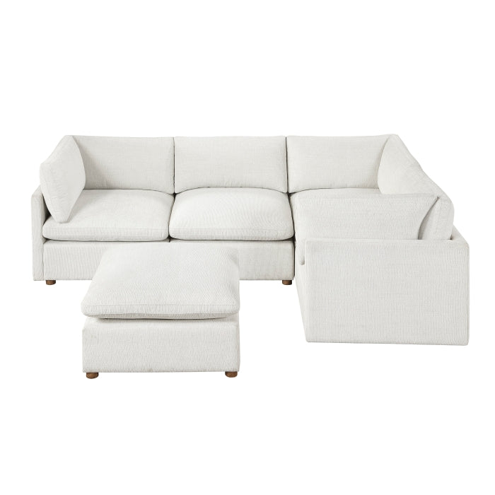MAZ Haven 5-piece modular sectional sofa with ottoman, beige fabric, showing side view with cushions and contemporary design.