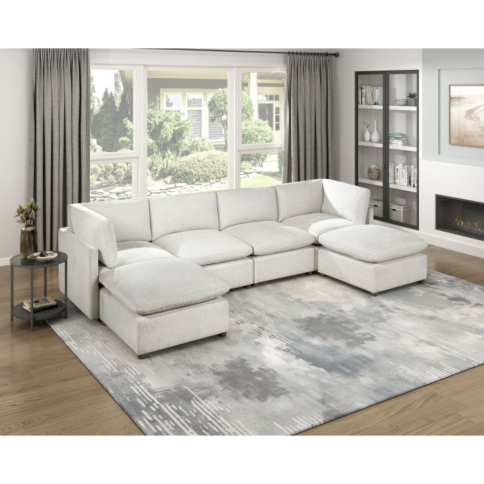 MAZ Haven 6-piece modular sectional sofa with two ottomans, featuring beige upholstery and plush cushions.