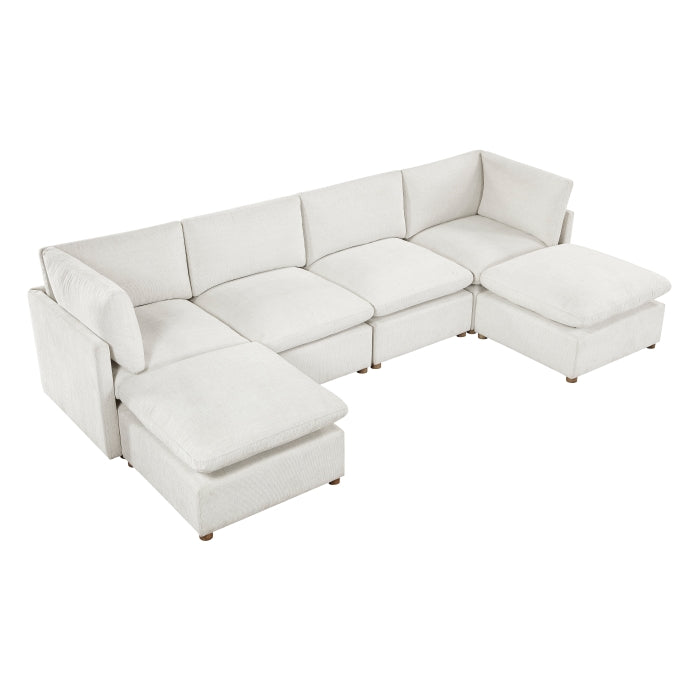 MAZ Haven 6-piece modular sectional sofa with two ottomans, beige fabric, and side view showing flexible seating arrangement