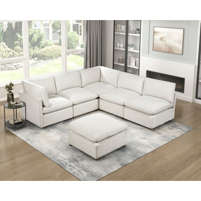 MAZ Haven 6-piece modular sectional sofa with matching ottoman in beige fabric, featuring plush cushions and modern design.