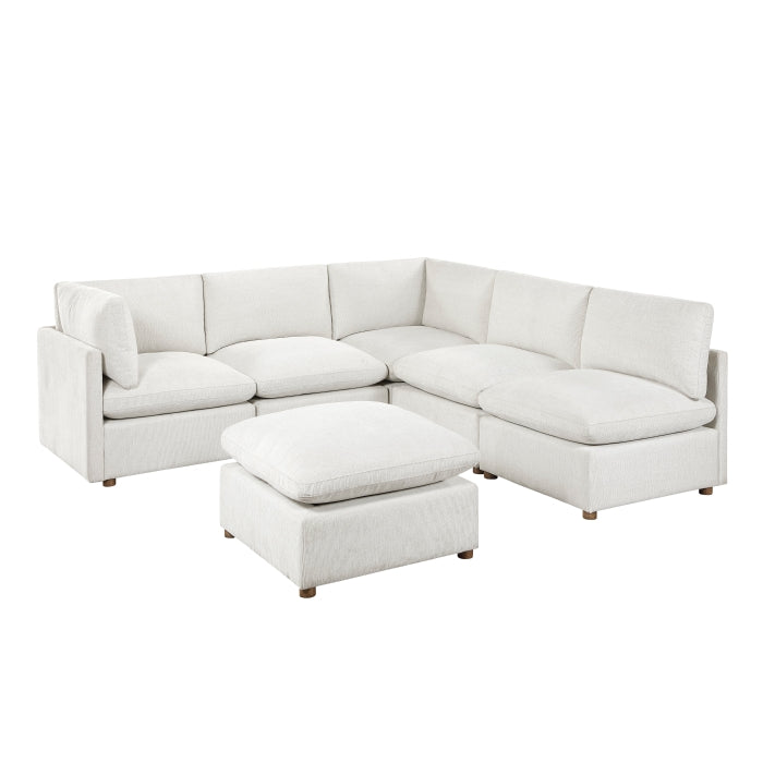 MAZ Haven 6-piece modular sectional sofa with matching ottoman, featuring neutral fabric upholstery and modern design.