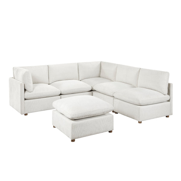 MAZ Haven 6-piece modular sectional sofa with matching ottoman, featuring neutral fabric upholstery and modern design.