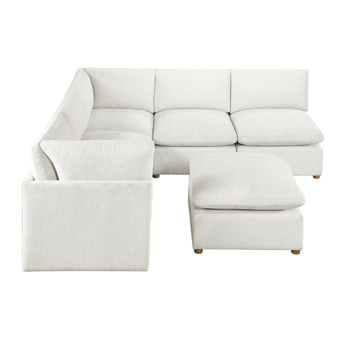 MAZ Haven 6-piece modular sectional sofa with matching ottoman, beige fabric, side view showing spacious seating and modern design.