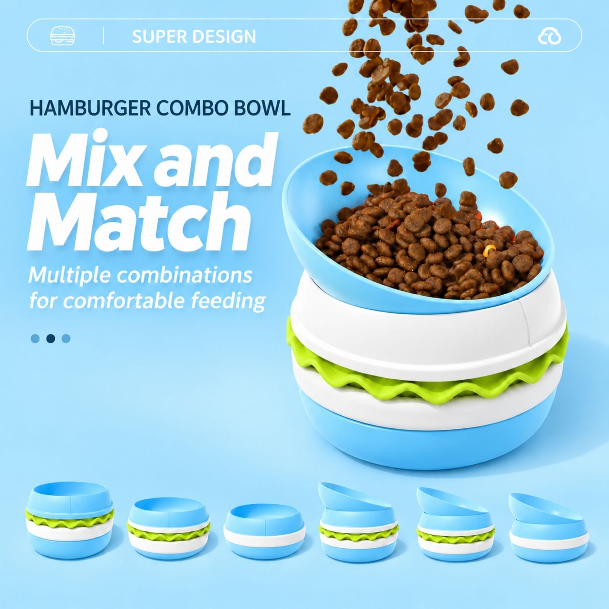 Superdesign hamburger-shaped slow feeder pet bowl in light blue for dogs and cats