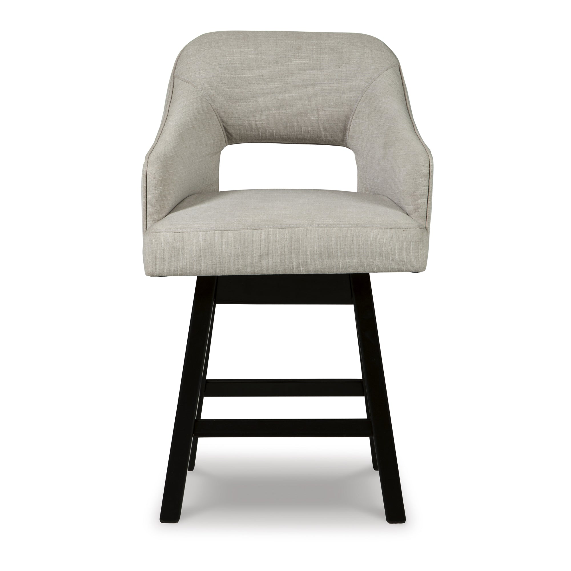 Two Tallenger UPH swivel barstools by Signature Ashley with linen seats and dark brown bases, featuring modern design and wooden legs.