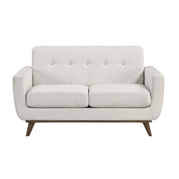 MAZ Martina Collection fabric loveseat in cream, showing a close-up of the front view with plush cushions and modern design.