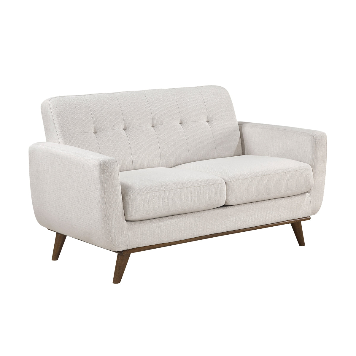 Maz Martina Collection fabric loveseat in cream with plush cushions, side view showing soft upholstery and comfortable design.