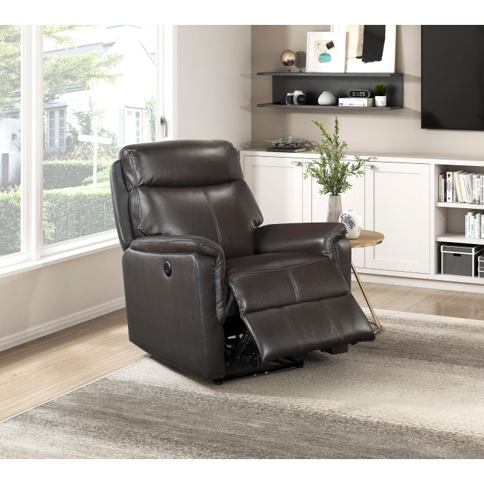 Dark brown MAZ Leif Collection power recliner chair with plush cushioning and adjustable footrest, ideal for relaxing seating.