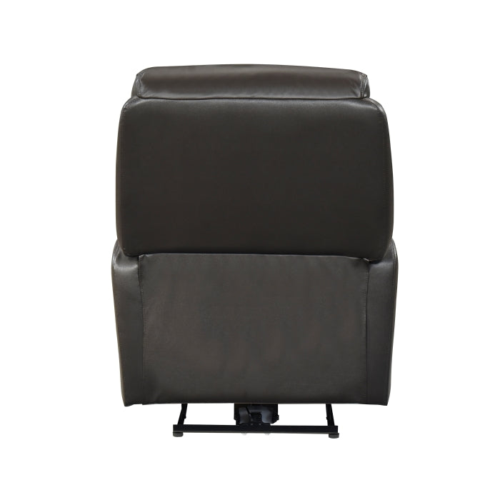Dark brown MAZ Leif Collection power recliner chair showing back and side view, plush upholstery and built-in reclining mechanism.