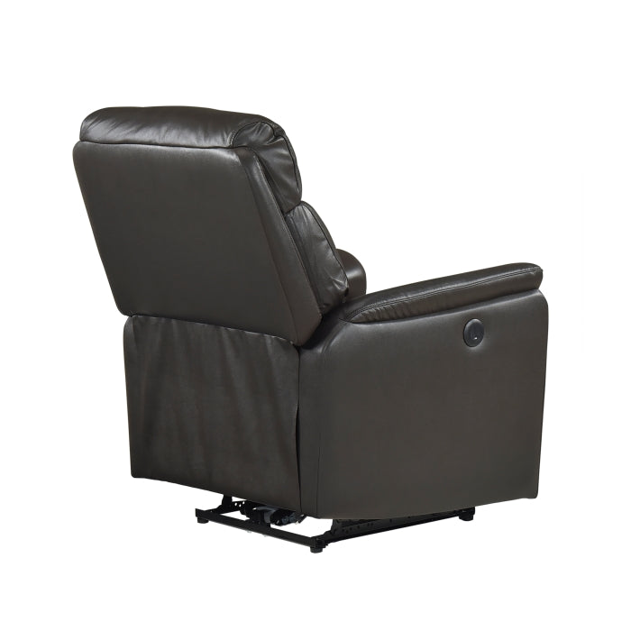 Dark brown MAZ Leif Collection power recliner chair with padded back and armrests, shown from the rear.