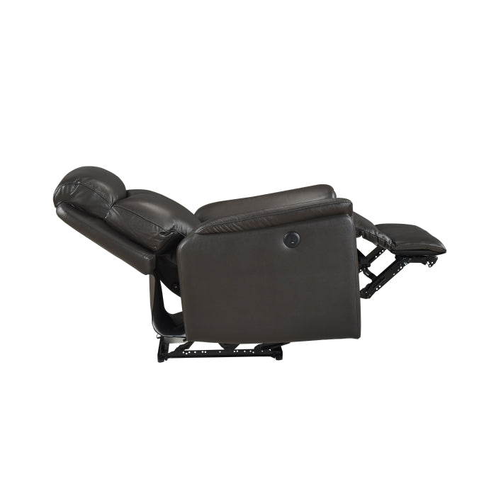 Dark brown MAZ Leif Collection power recliner chair with plush cushioning and adjustable reclining mechanism, shown open.