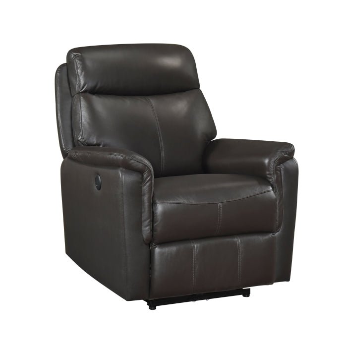 MAZ Leif Collection dark brown power recliner chair with padded armrests and plush cushioning, shown from side view.