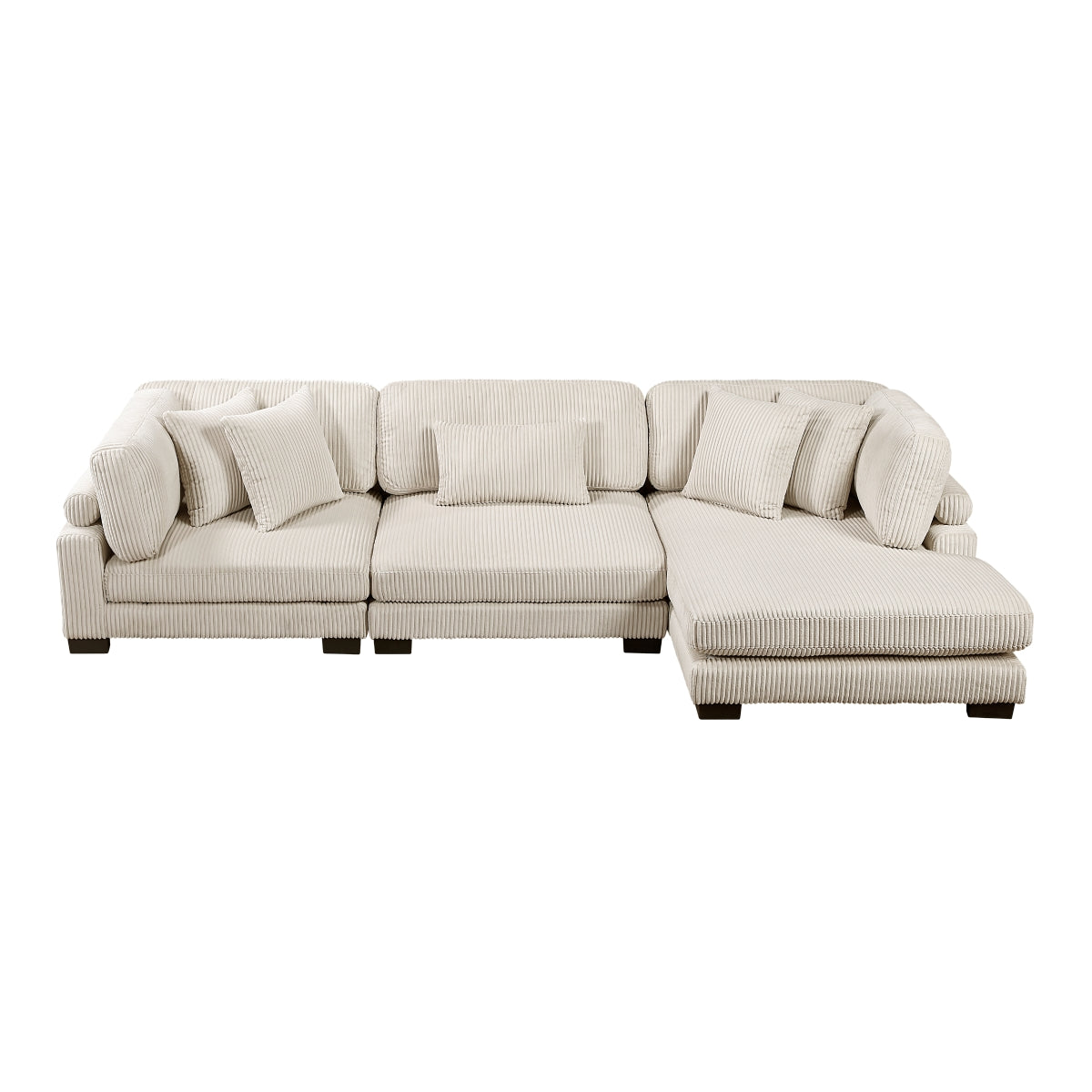 Beige MAZ Traverse Collection 3-piece modular sectional sofa with reversible chaise, showcasing plush cushions and modern design.