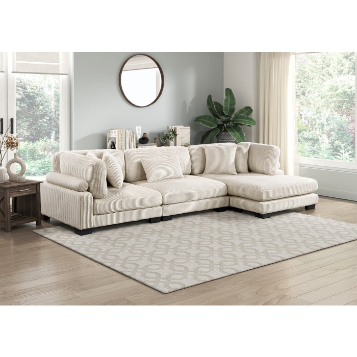 Beige MAZ Traverse Collection 3-piece modular sectional sofa with reversible chaise, modern and comfortable living room furniture.