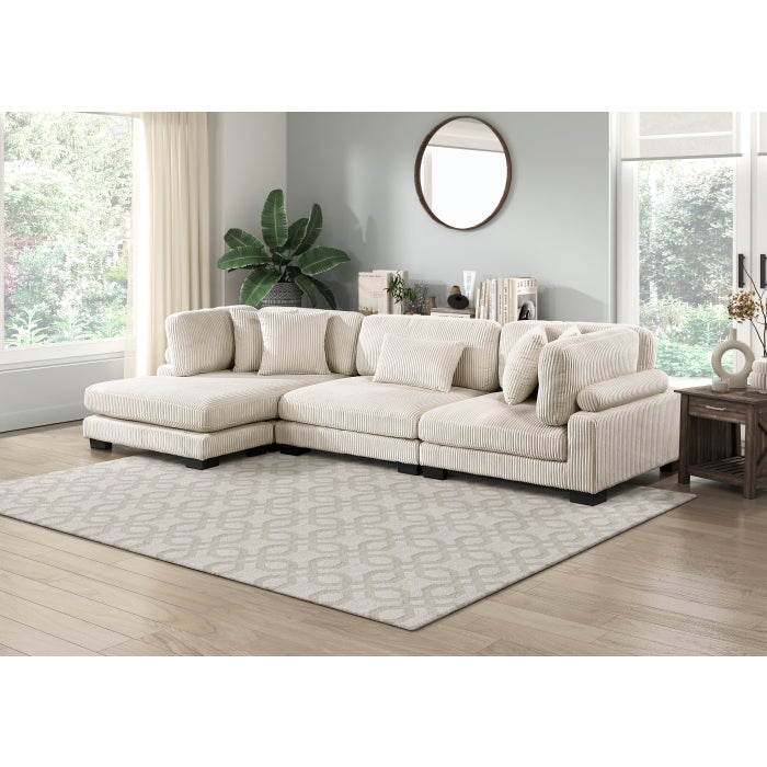 MAZ Traverse Collection beige 3-piece modular sectional sofa with reversible chaise, showcasing plush fabric and modern design.