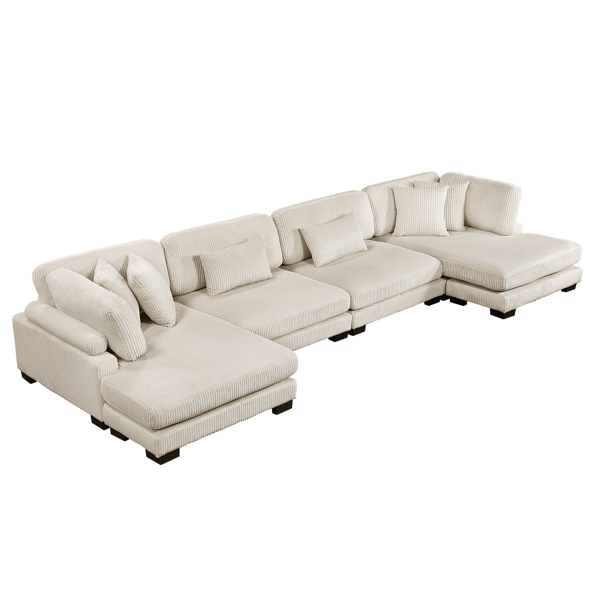 Beige MAZ Traverse Collection 4-piece modular sectional sofa with reversible chaise, modern and comfortable living room furniture.
