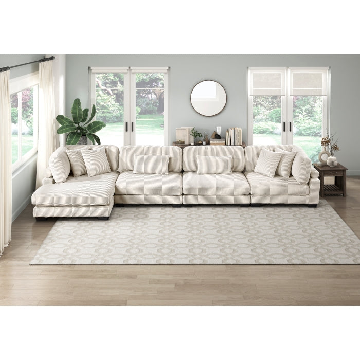 Beige Traverse Collection 4-piece modular sectional sofa with reversible chaise by MAZ, featuring plush cushions and modern design.