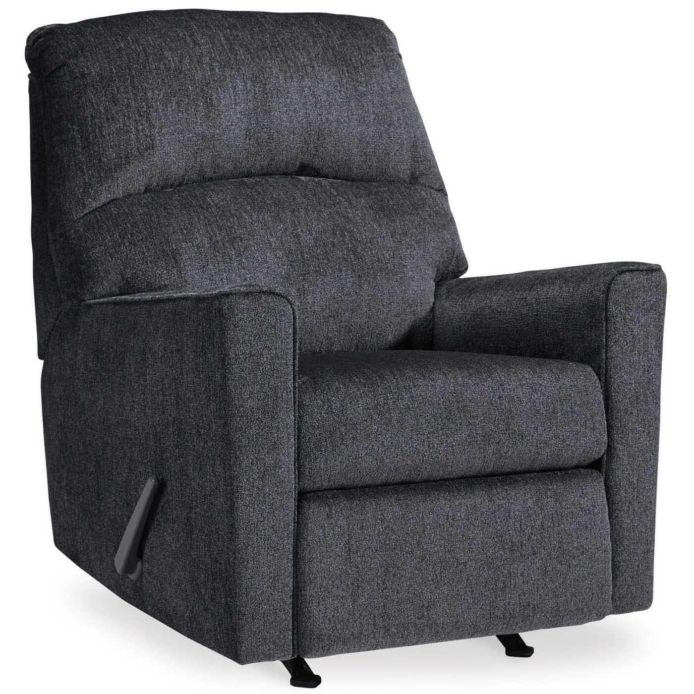 Signature Design by Ashley Ashley Altari Slate Rocker Recliner viewed from an angle, showcasing its plush fabric and reclining features.
