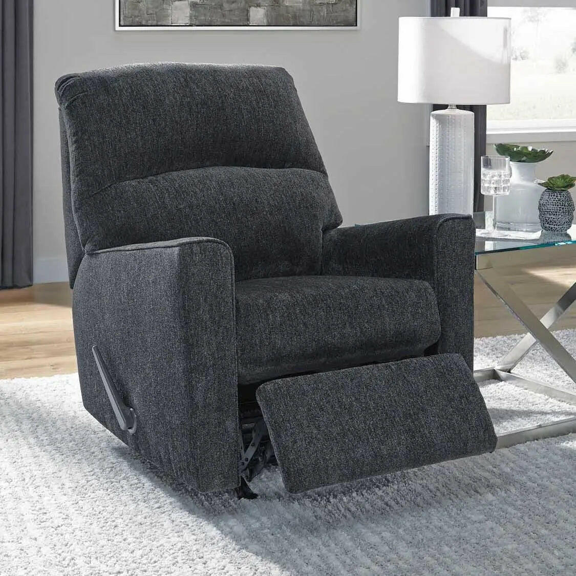 Signature Design by Ashley Ashley Altari Slate Rocker Recliner in open position, featuring plush fabric and comfortable reclining design.