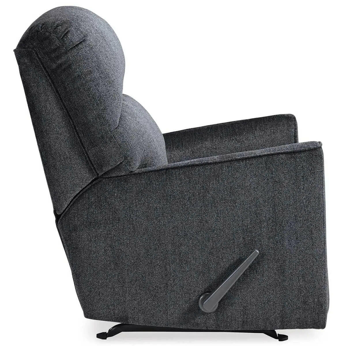 Signature Design by Ashley Ashley Altari Slate Rocker Recliner with plush fabric and padded armrests, viewed from the side.