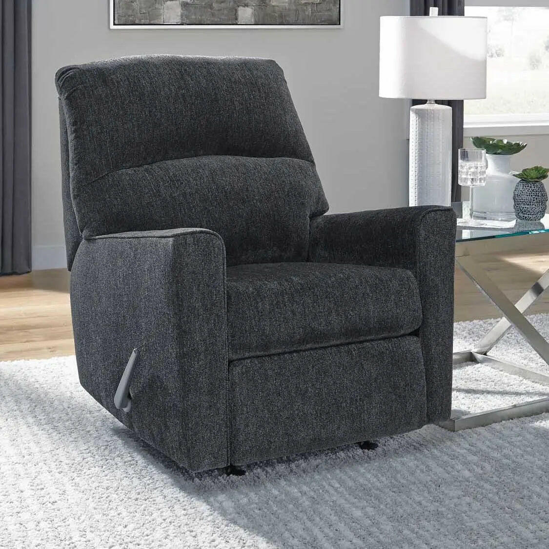 Signature Design by Ashley Ashley Altari Slate Rocker Recliner with plush fabric and padded armrests for comfortable seating.
