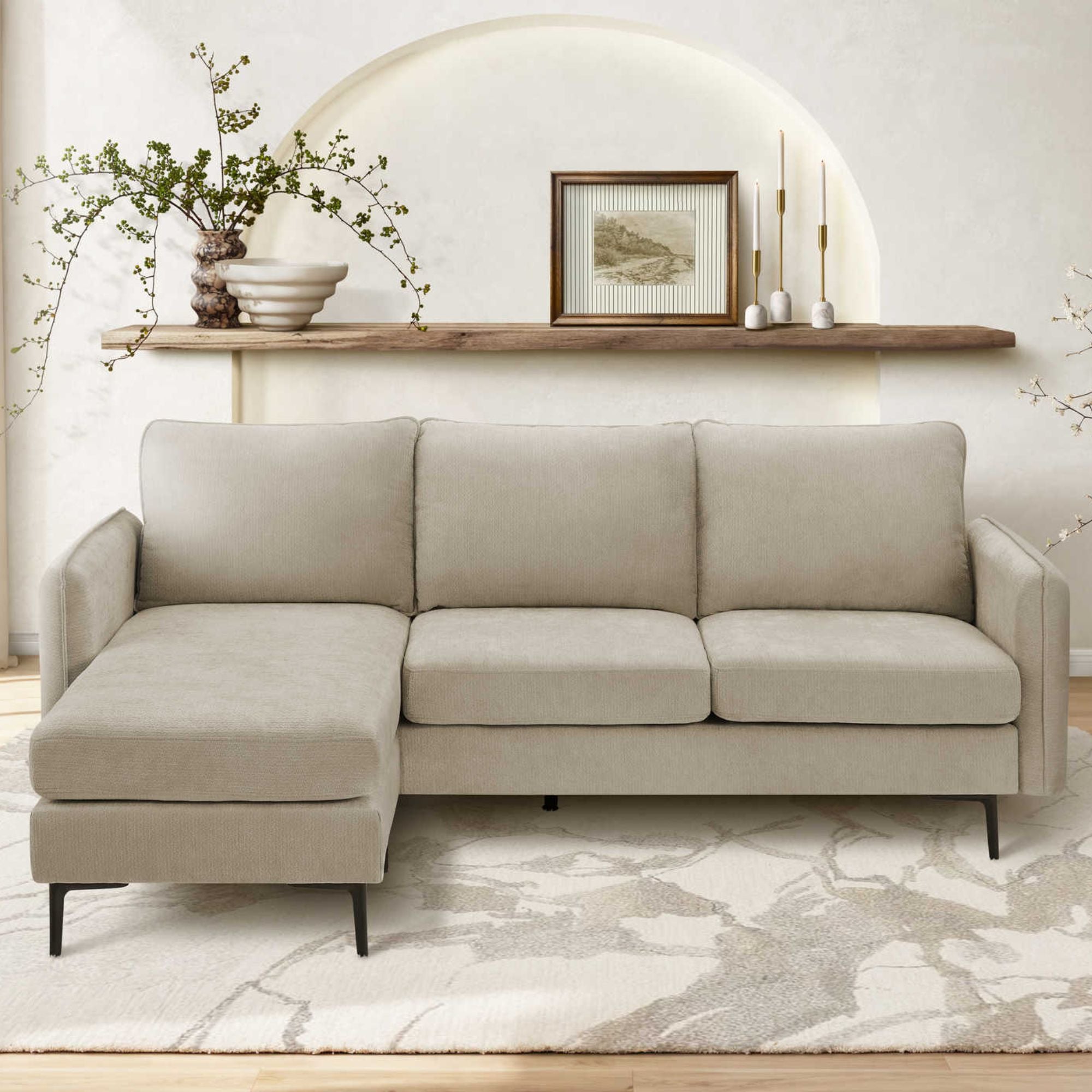 Beige Everett 85-inch reversible sectional sofa by Monarch Specialties, showing plush cushions and modern design.