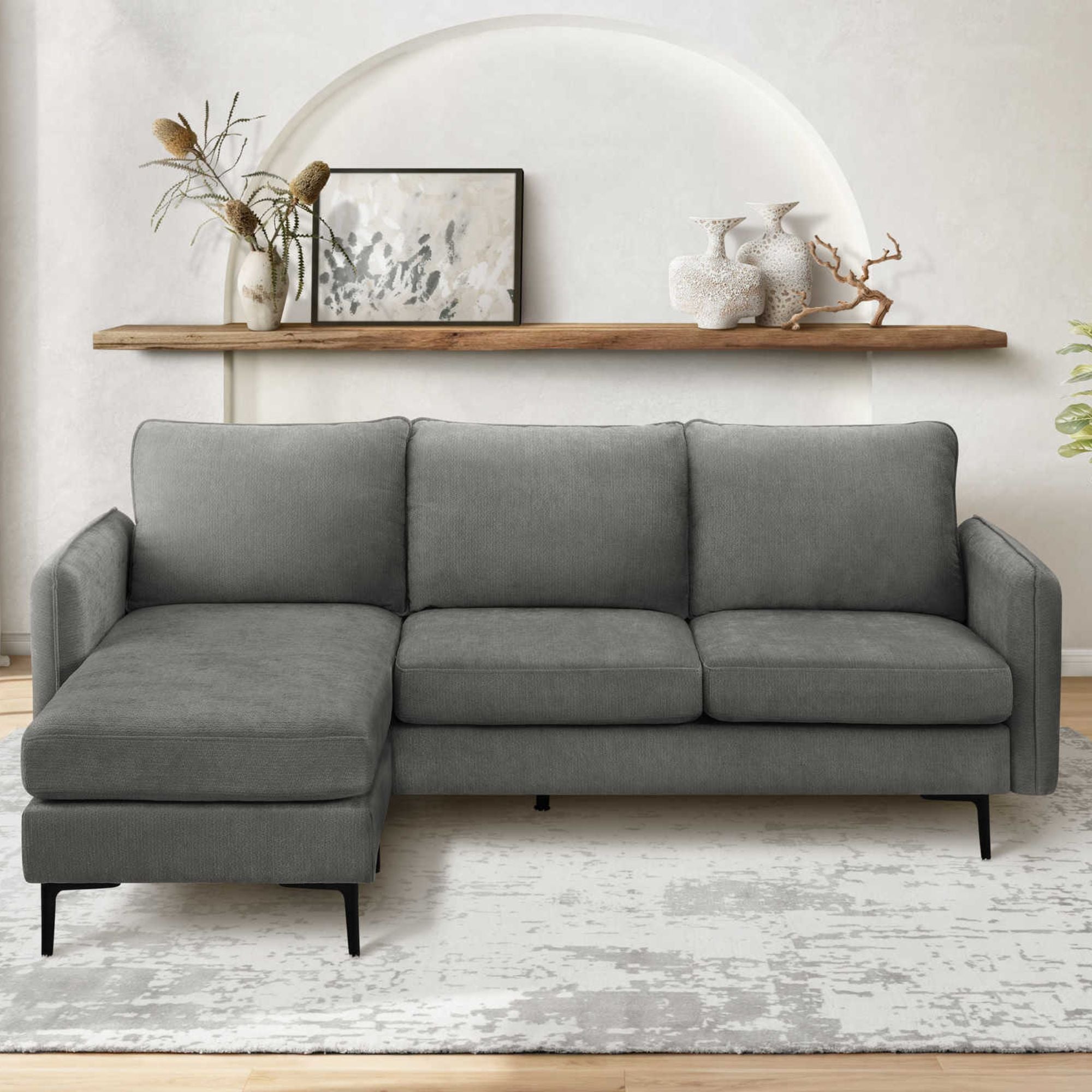 Dark grey Everett 85-inch reversible sectional sofa by Monarch Specialties, with plush cushions and modern design.