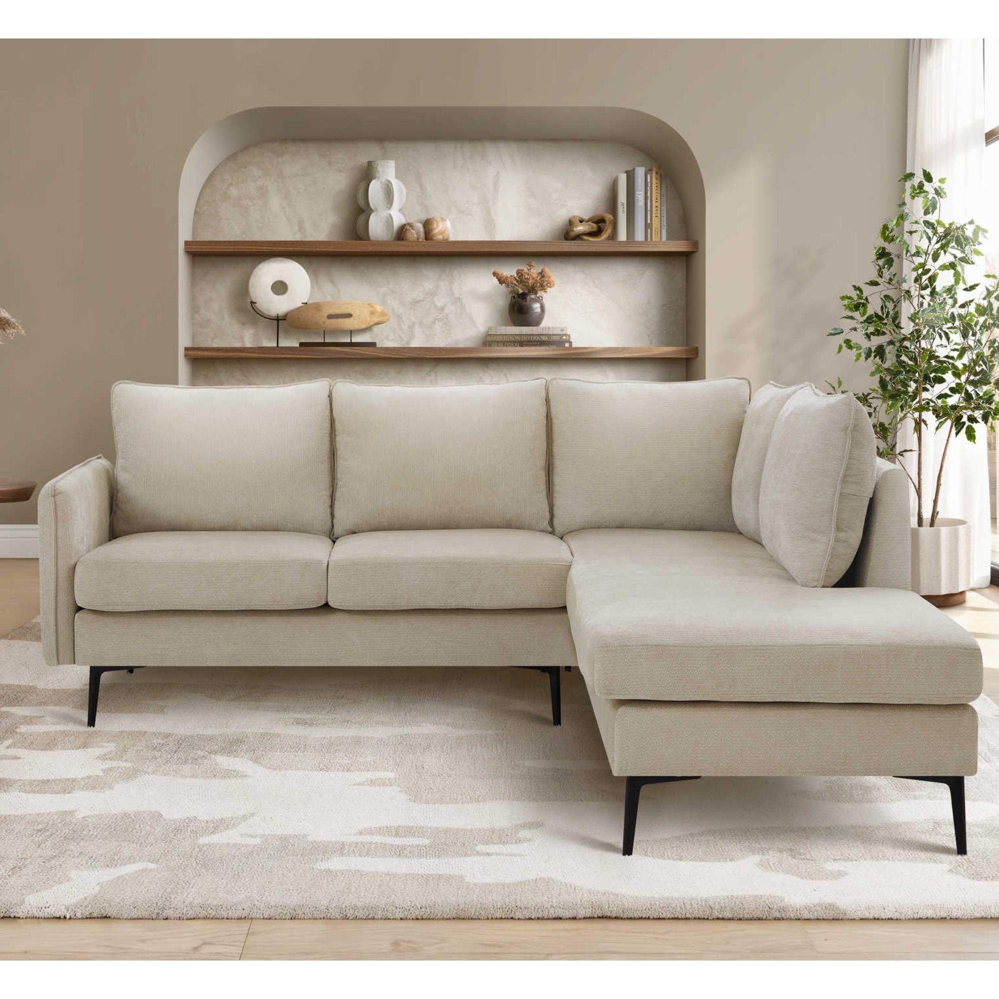 Beige Everett 85-inch Monarch Specialties sectional sofa with plush cushions and modern design in a living room setting.