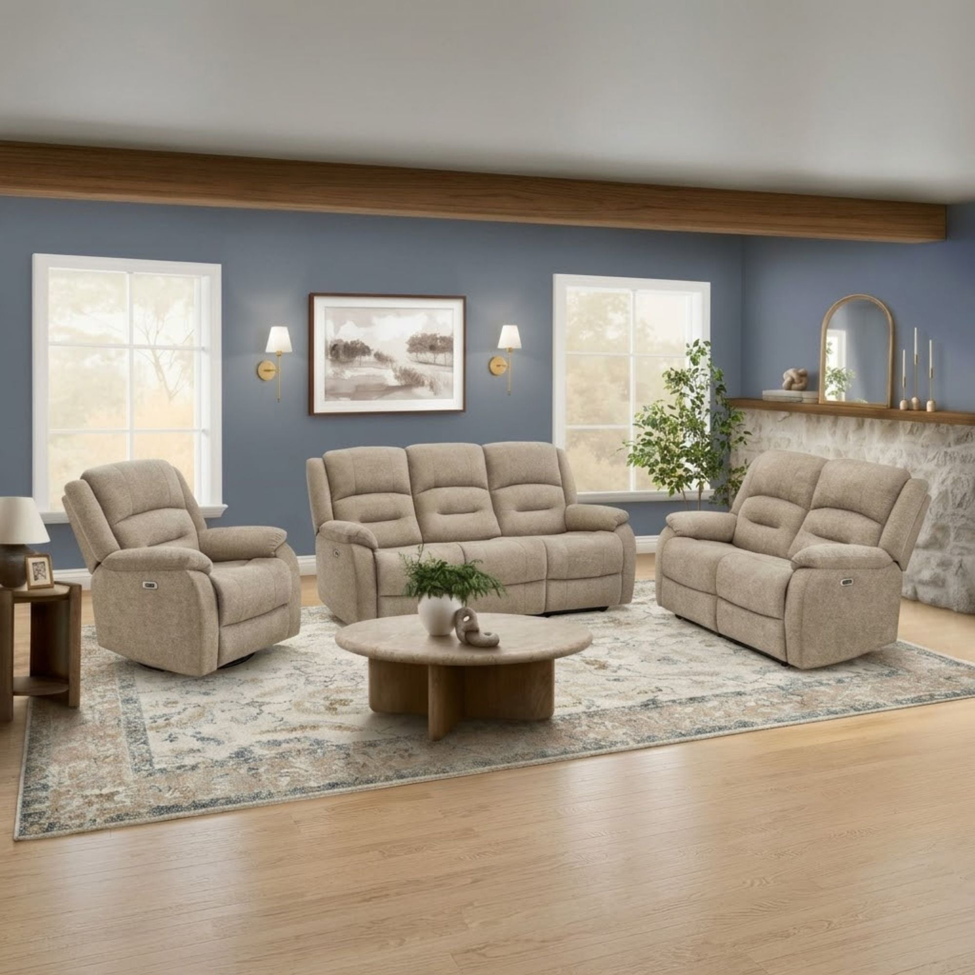 Beige Monarch Specialties CloudRest 3-seater power reclining sofa with USB port, showcasing plush cushions and reclining features.
