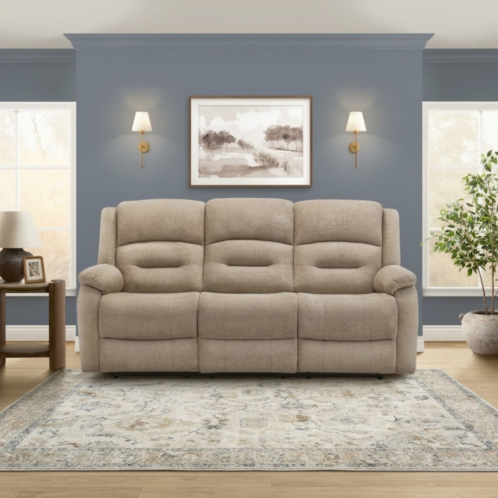 Beige Monarch Specialties CloudRest 3-seater power reclining sofa with USB ports, plush cushions, and modern design.