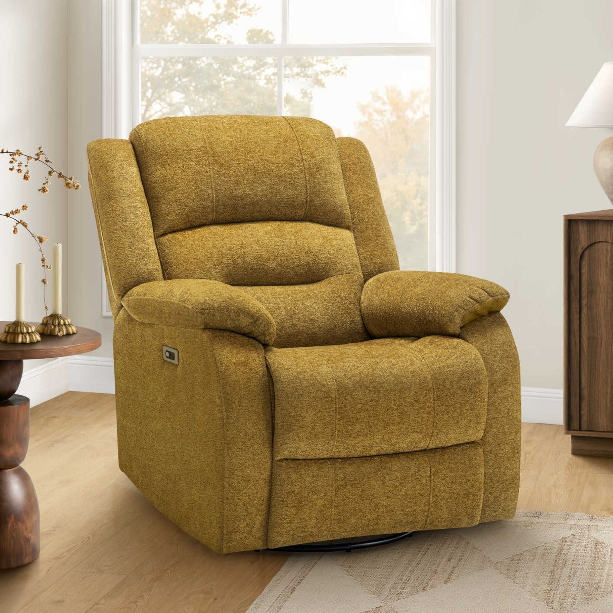 Monarch Specialties gold power swivel glider recliner chair with USB port, cushioned seat and back for comfortable lounging.