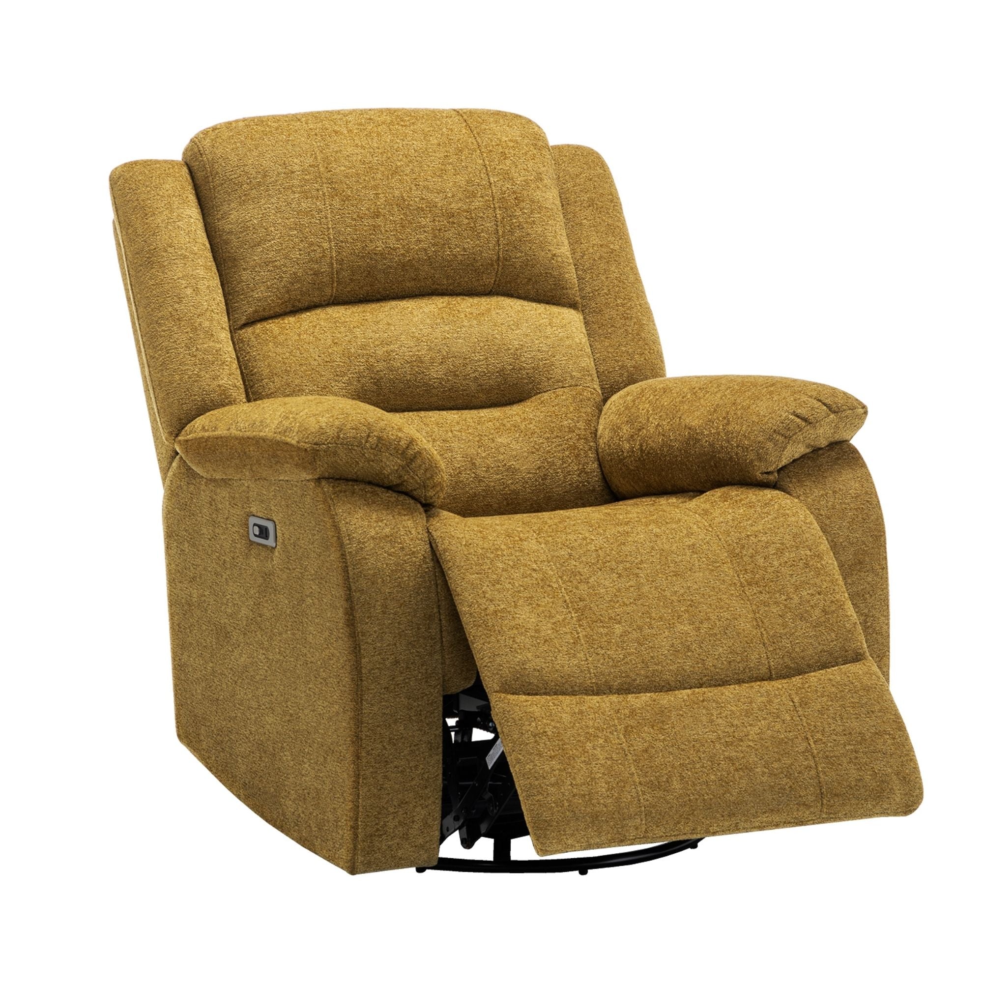 Monarch Specialties power swivel glider recliner with USB port, gold fabric, cushioned armrests, and adjustable reclining features.