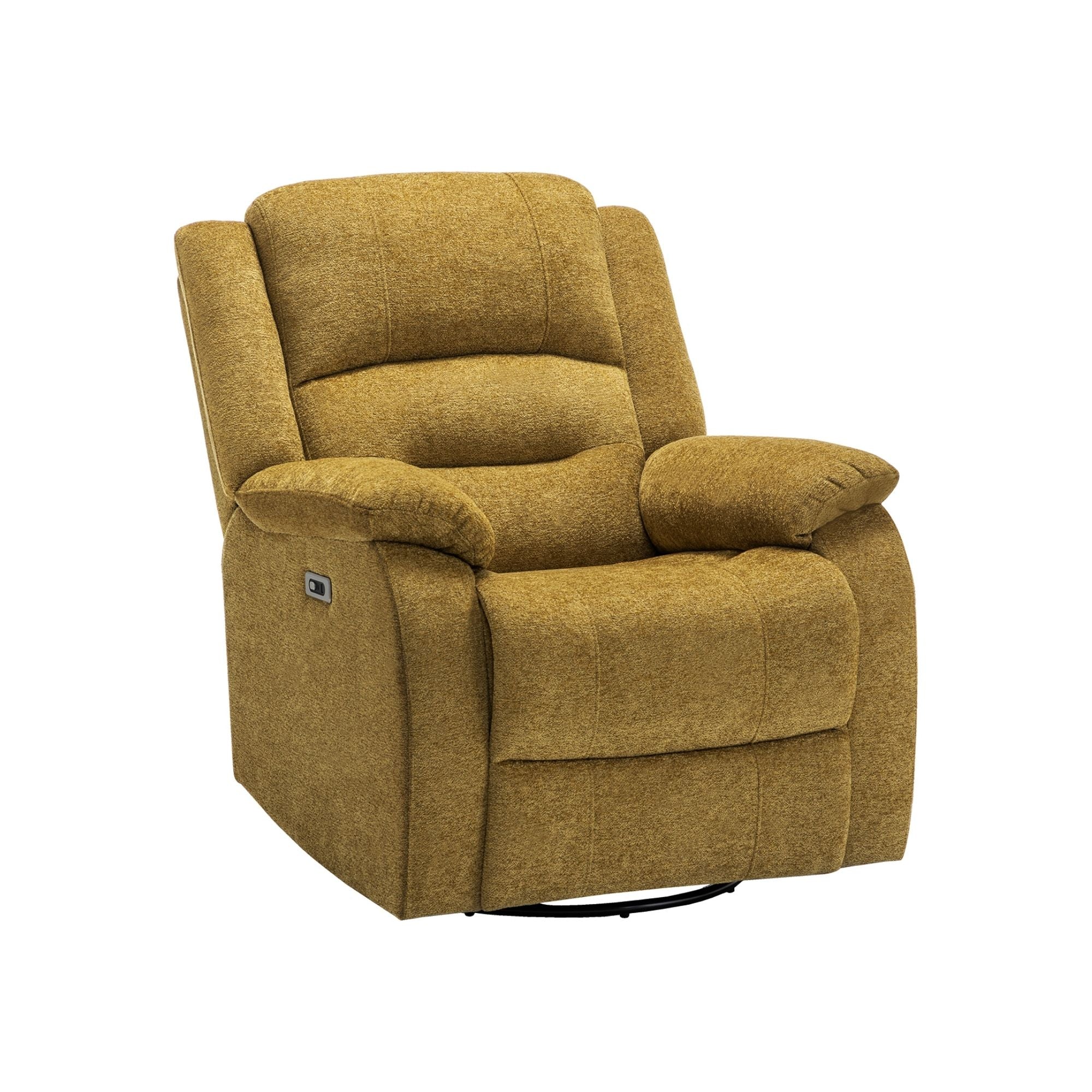 Gold Power Swivel Glider Recliner chair by Monarch Specialties with USB charging port, cushioned seat and armrests.