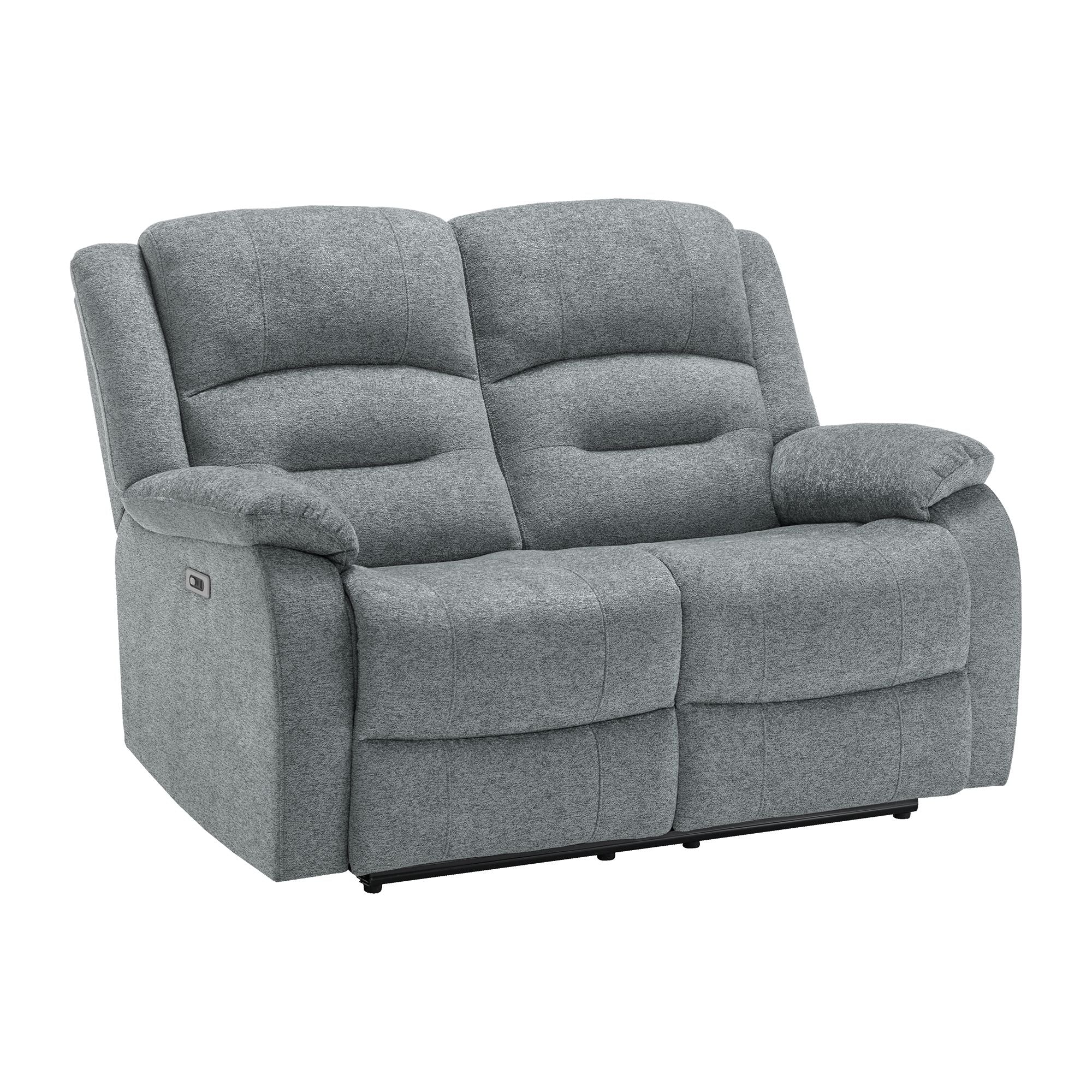 Grey Monarch CloudRest 2-seater power reclining loveseat with USB port and plush cushions, designed for comfort and modern style.