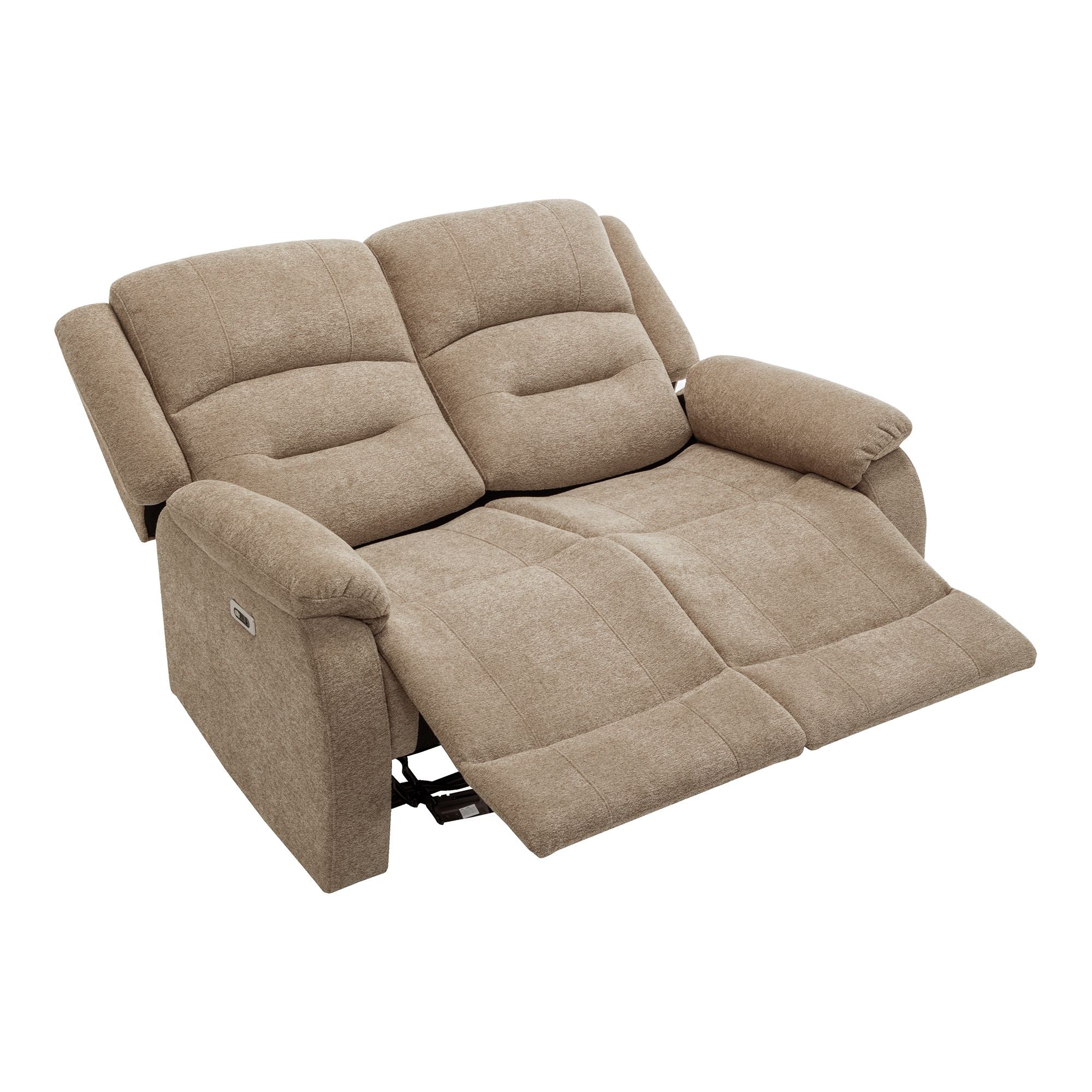 Beige Monarch Specialties CloudRest 2-seater power reclining loveseat with USB port showing plush cushions and reclining mechanism.