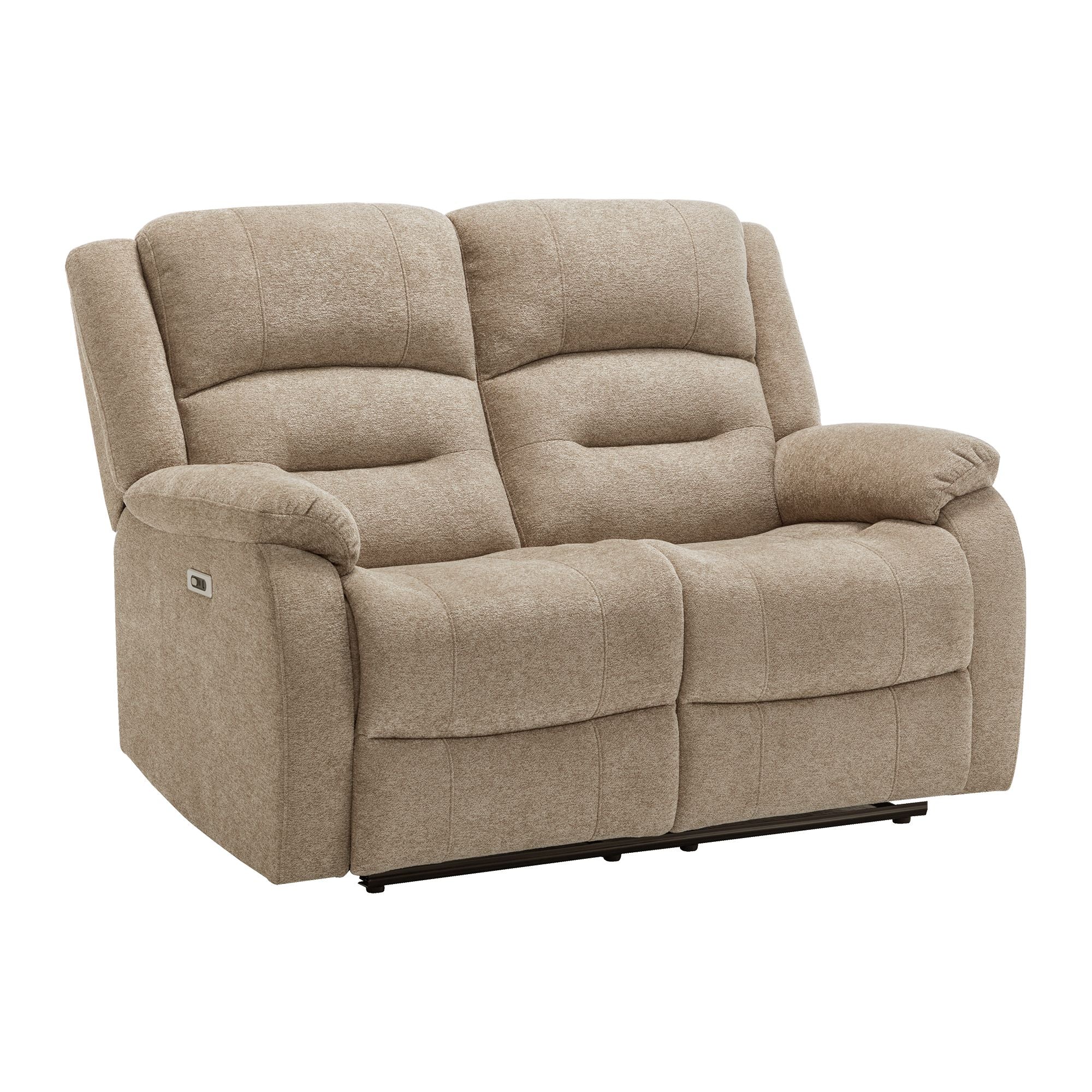Beige Monarch Specialties CloudRest 2-seater power recliner loveseat with USB ports, showing plush cushions and reclining feature.