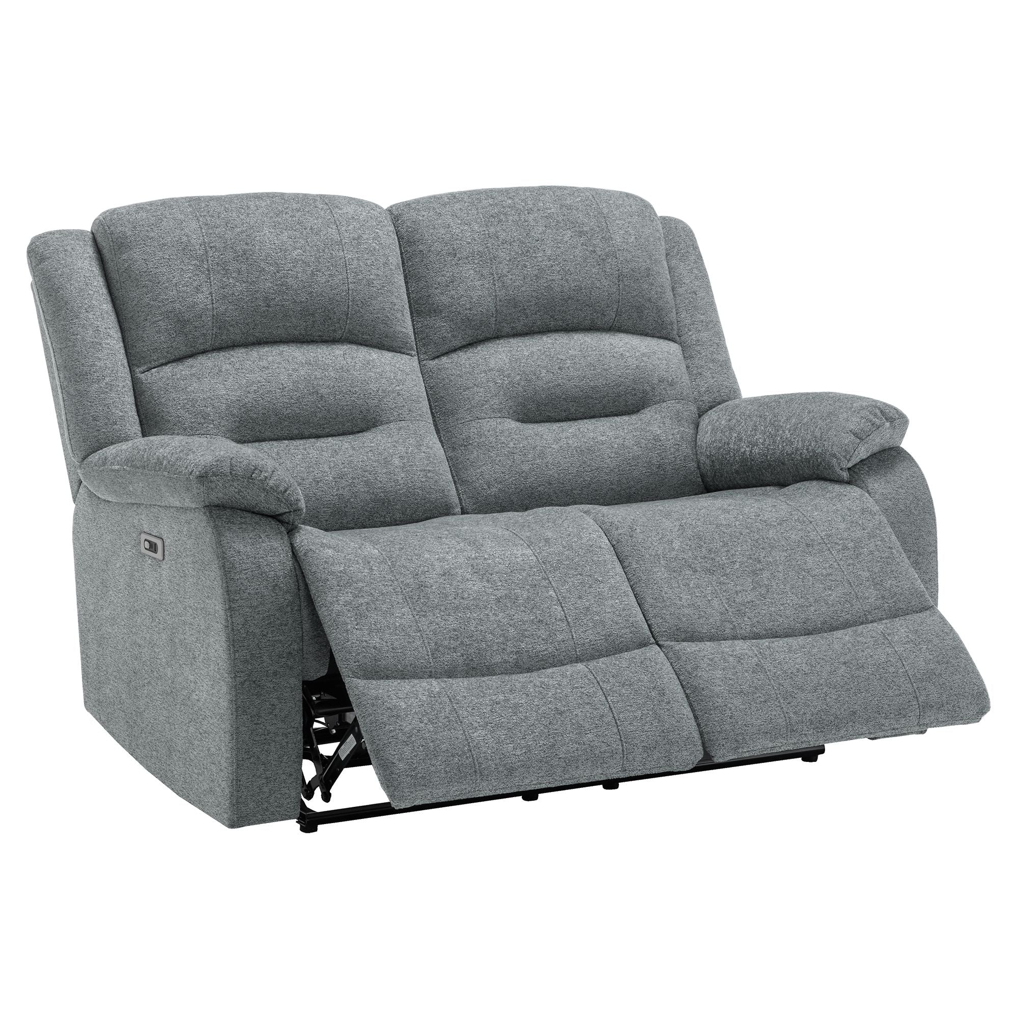 Grey Monarch Specialties CloudRest 2-seater power reclining loveseat with USB port, showcasing plush fabric and modern design.