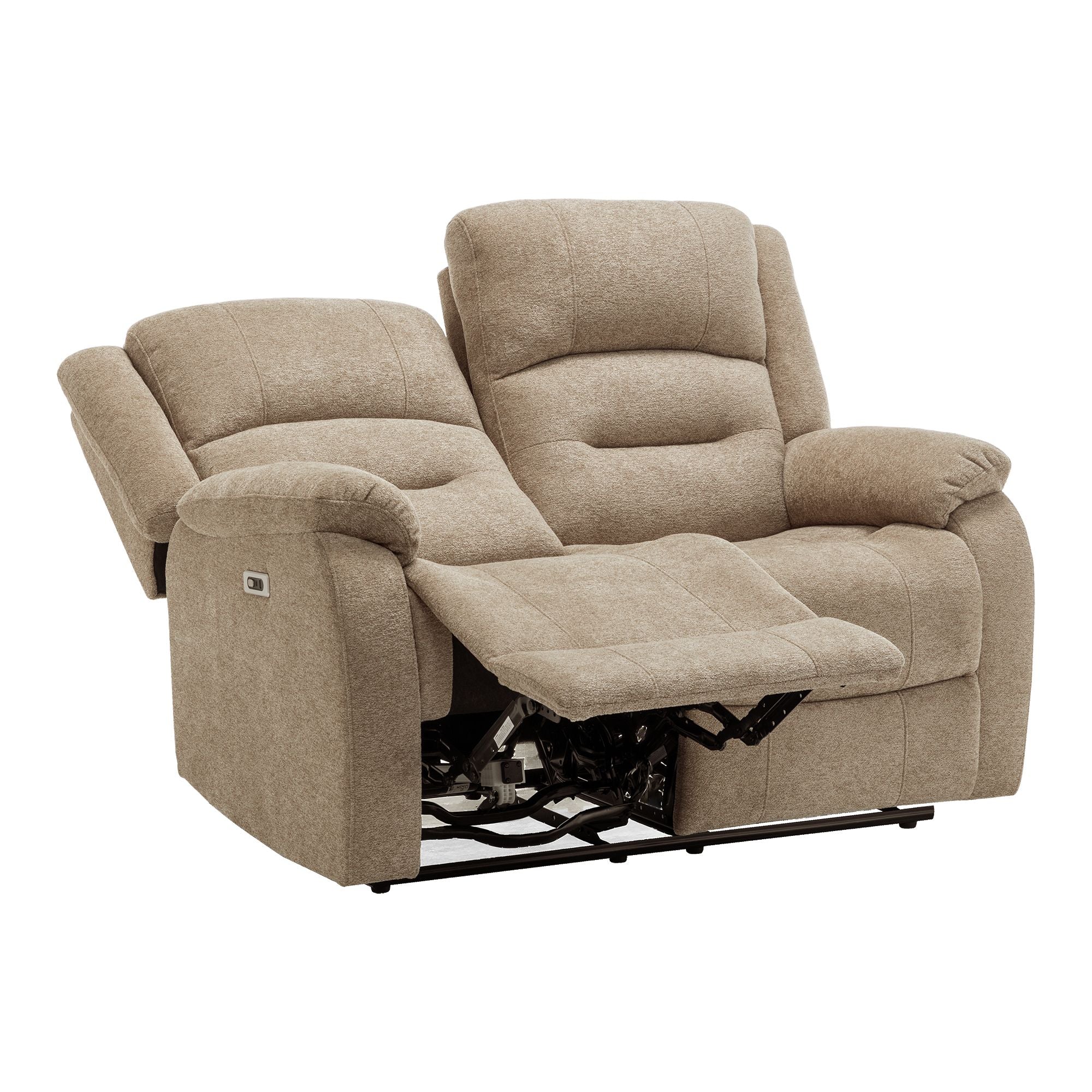 Beige Monarch Specialties CloudRest 2-seater power reclining loveseat with USB ports, plush cushioned armrests, and modern design.