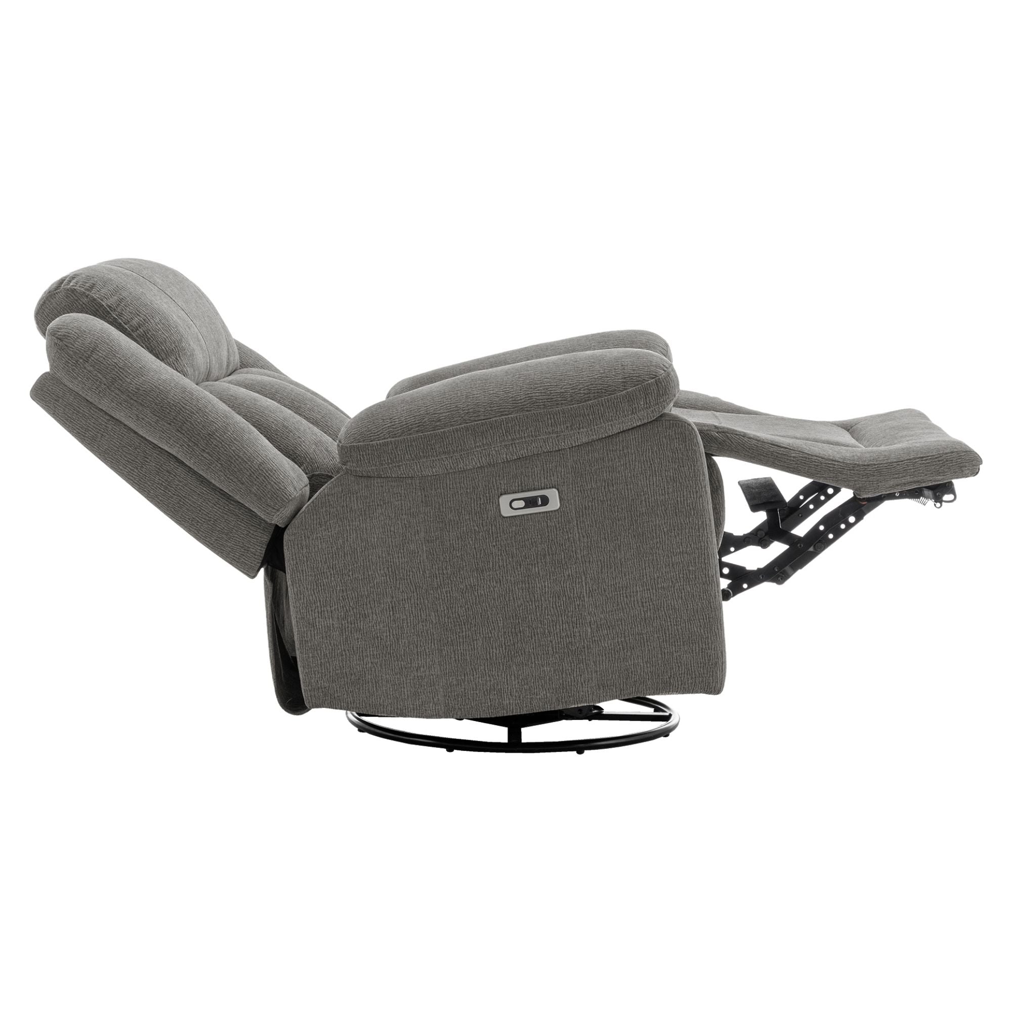 Grey Monarch Specialties Royale Power Swivel Glider Recliner with USB port, featuring plush upholstery and ergonomic design.