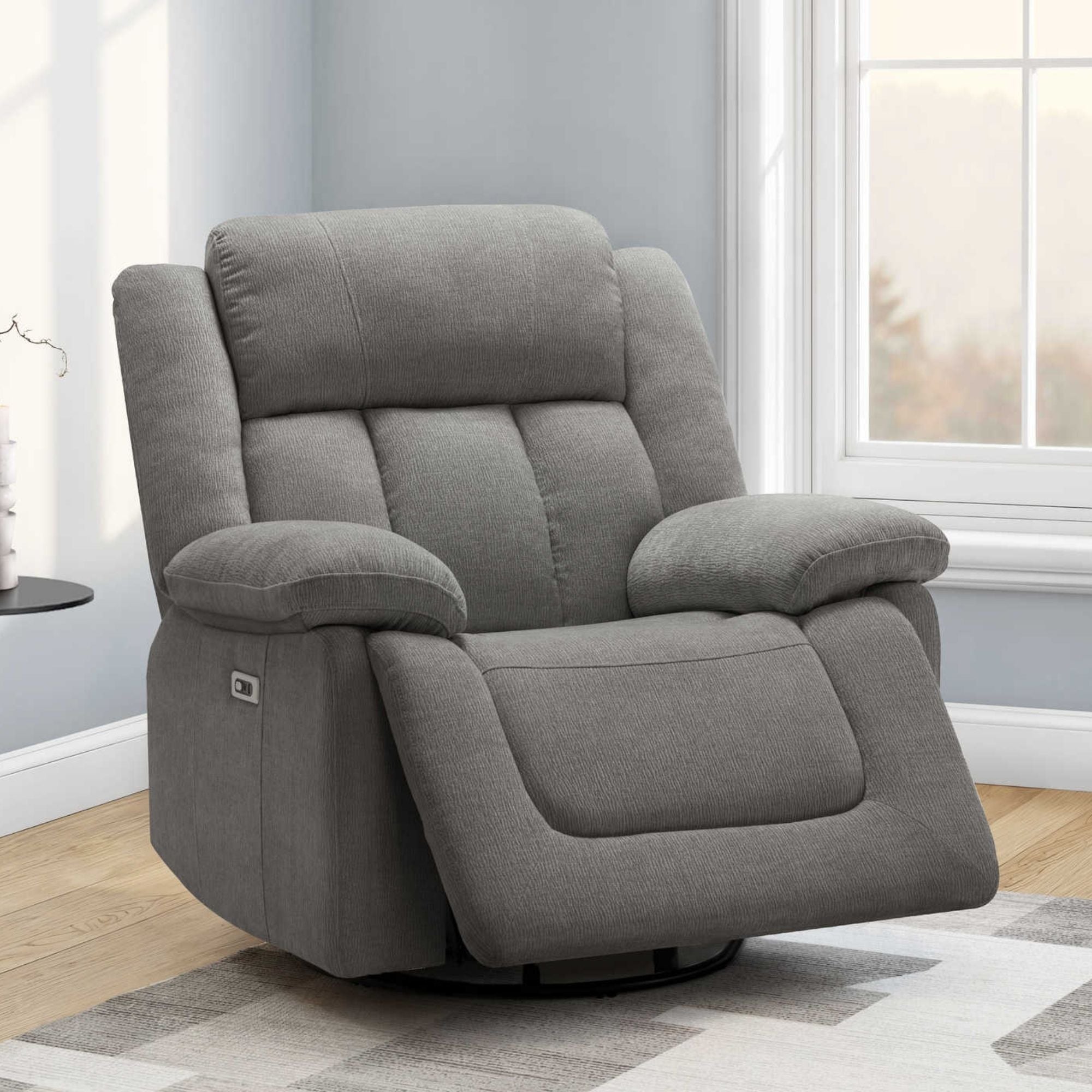 Grey Monarch Specialties Royale Power Swivel Glider Recliner with USB port, showing comfortable padded seat and armrests.
