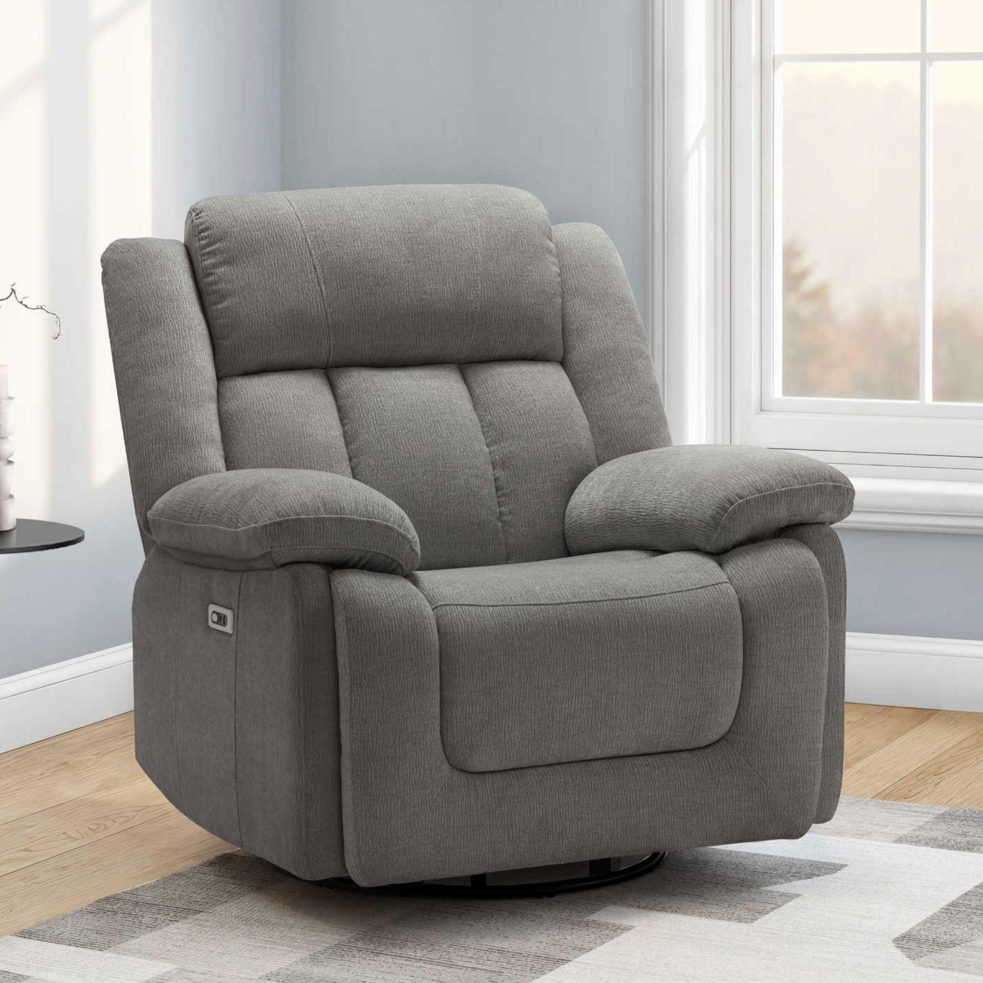Grey Monarch Specialties Royale Power Swivel Glider Recliner with USB port, featuring plush cushioning and modern design.