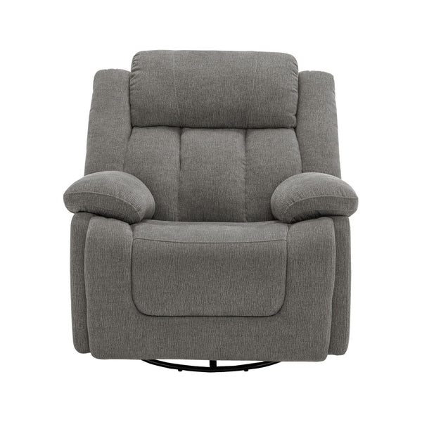 Grey Monarch Specialties Royale Power Swivel Glider Recliner with USB port, showcasing plush fabric and modern design.
