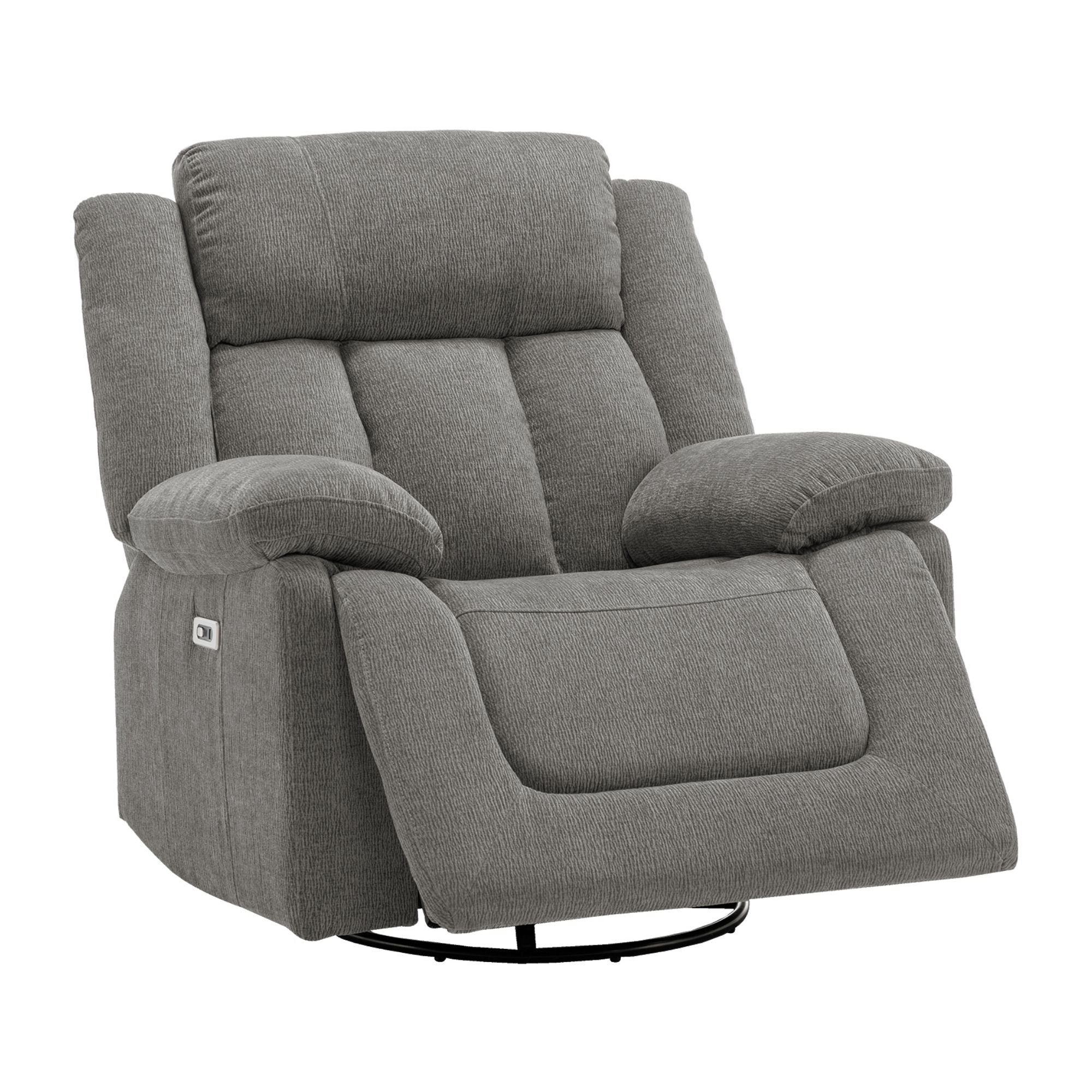 Grey Monarch Specialties Royale Power Swivel Glider Recliner with USB port, featuring plush cushioning and modern design for comfort.