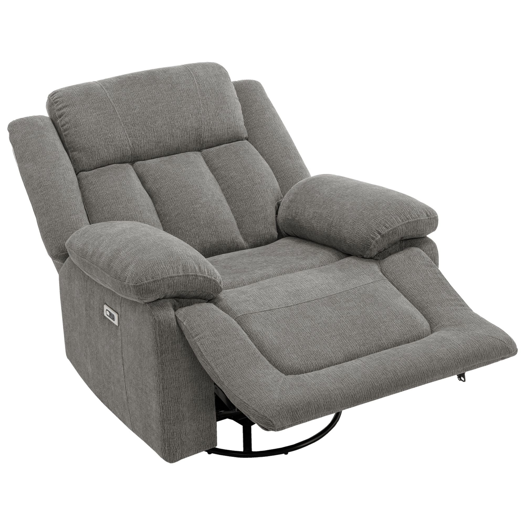 Grey Monarch Specialties Royale Power Swivel Glider Recliner with USB port, featuring padded armrests and plush upholstery.