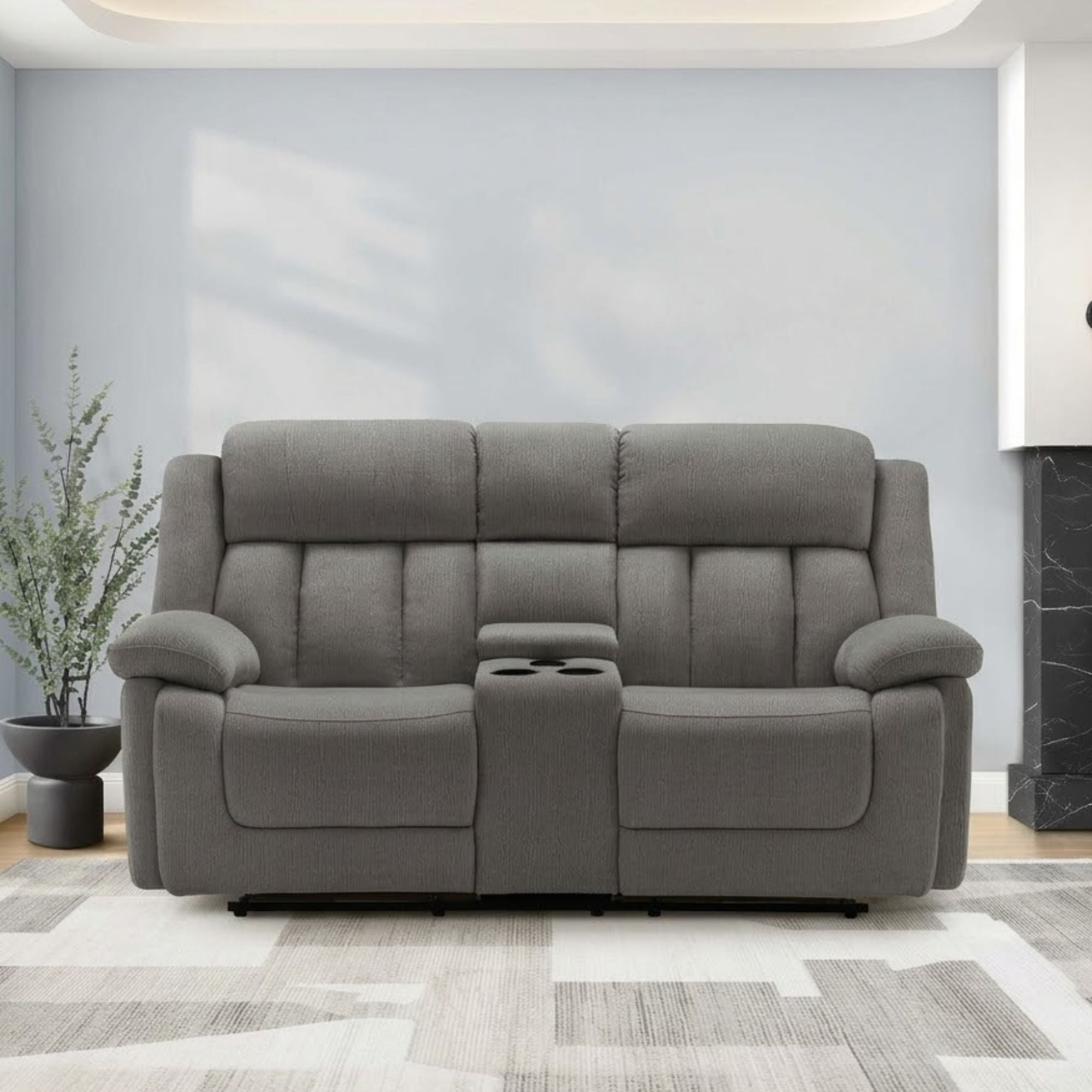 Grey Monarch Specialties Royale Comfort Power Recliner Loveseat with built-in console and USB ports, featuring plush cushioning.