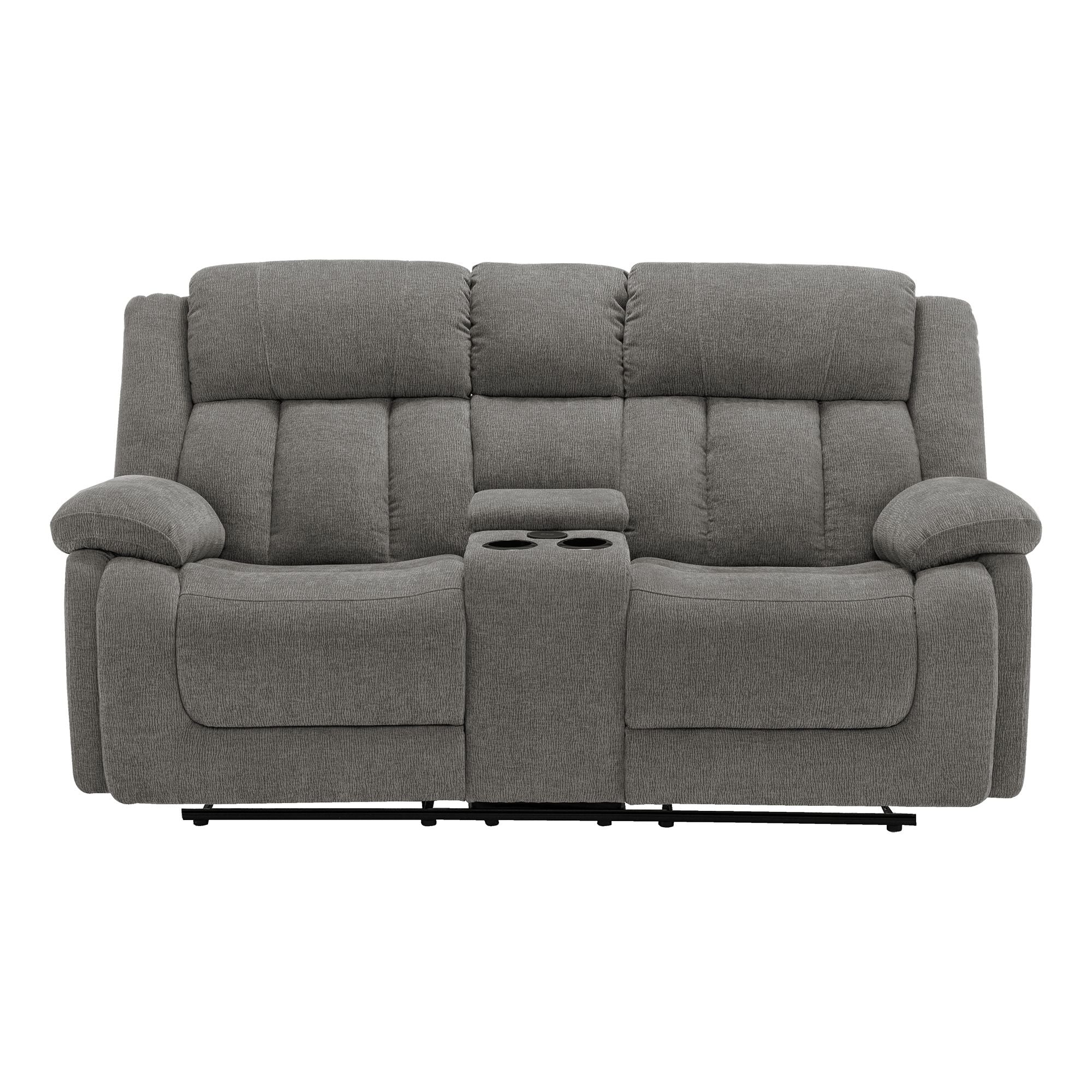 Grey Monarch Specialties Royale Comfort Power Reclining Loveseat with console and USB port, featuring plush cushions and modern design.