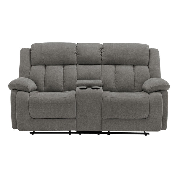 Grey Monarch Specialties Royale Comfort Power Reclining Loveseat with console and USB port, featuring plush cushions and modern design.