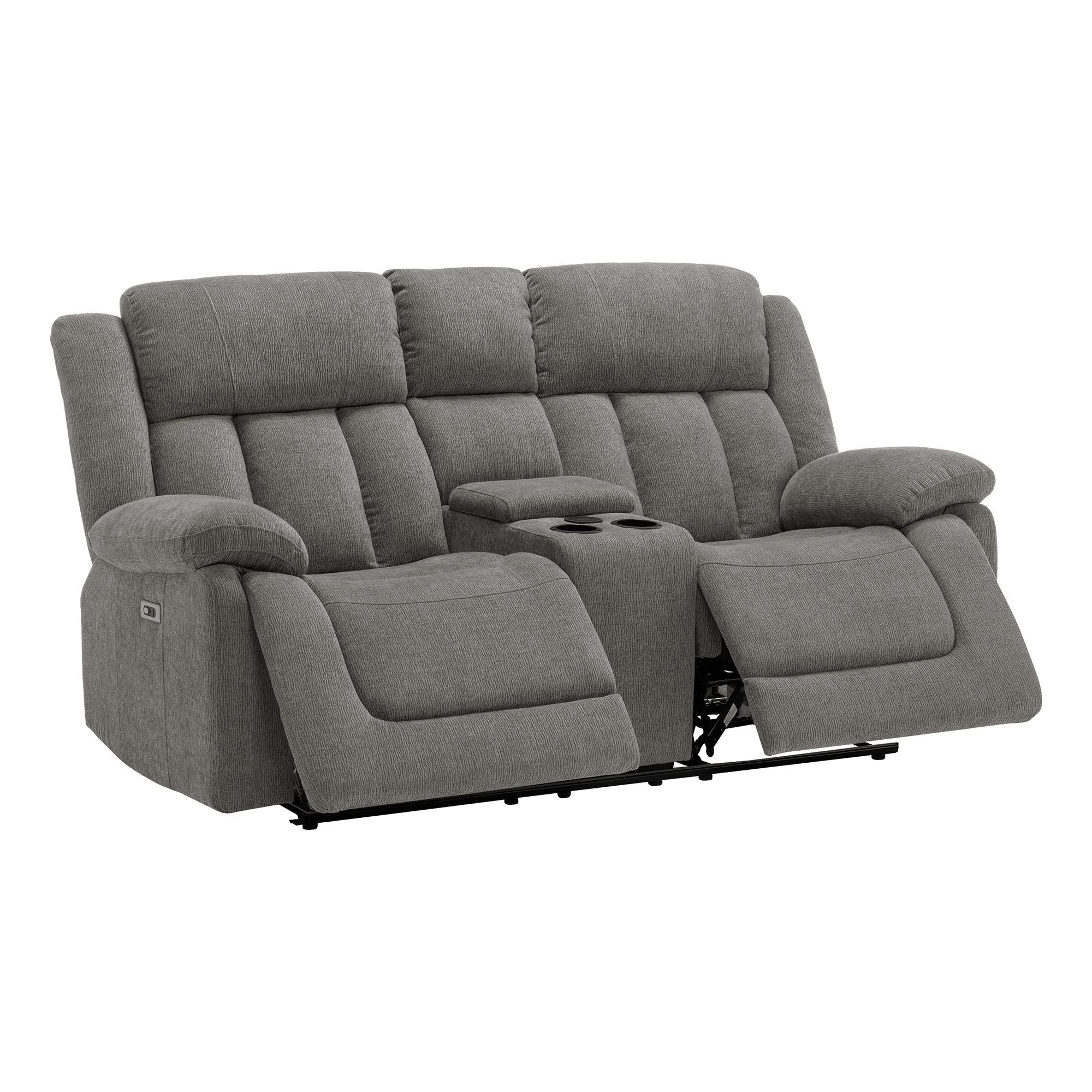Grey Monarch Specialties Royale Comfort Power Reclining Loveseat with built-in console and USB ports, showcasing plush cushions and armrests.